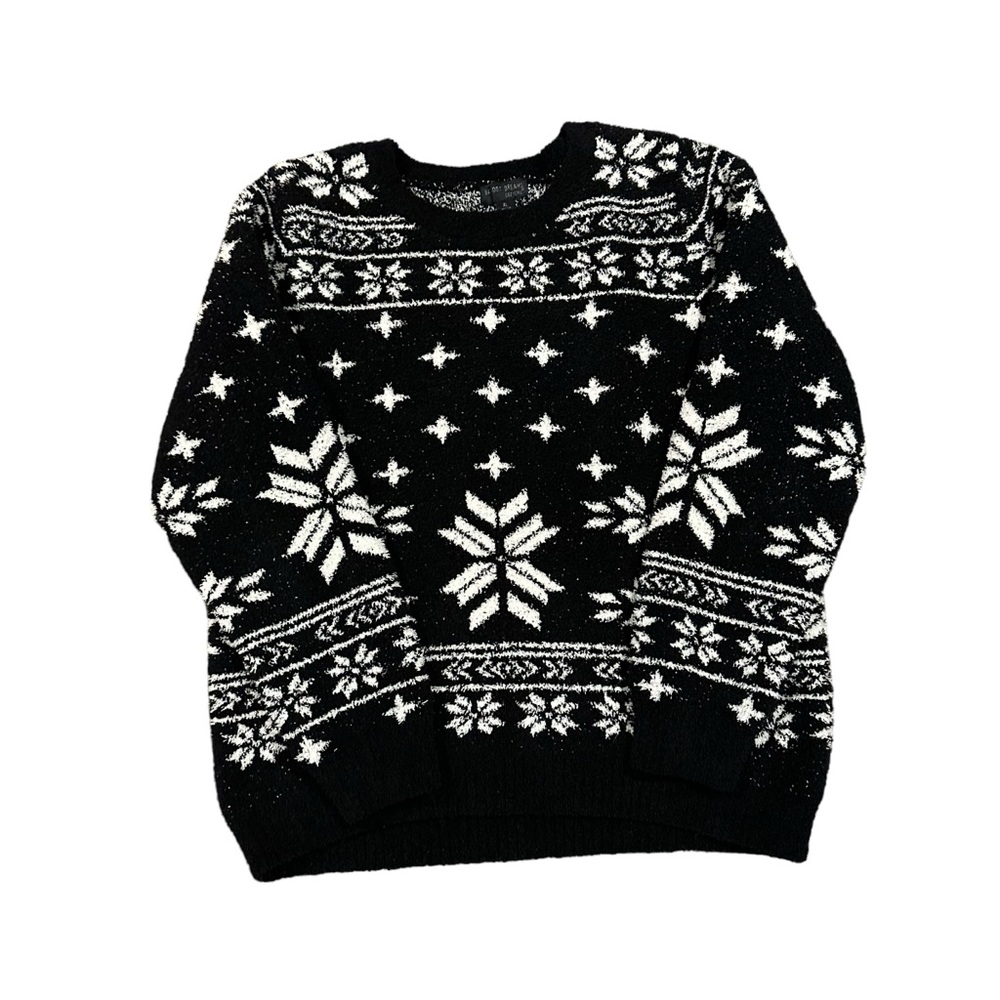 Barefoot Dreams CozyChic Fair Isle Sweater Black White Pullover Crew XL